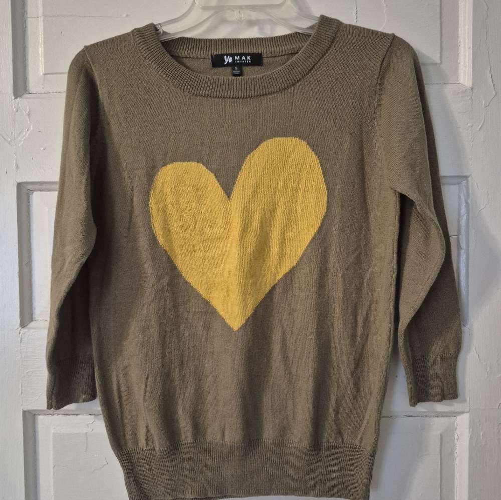 Women's Olive Sweater with Yellow Heart
